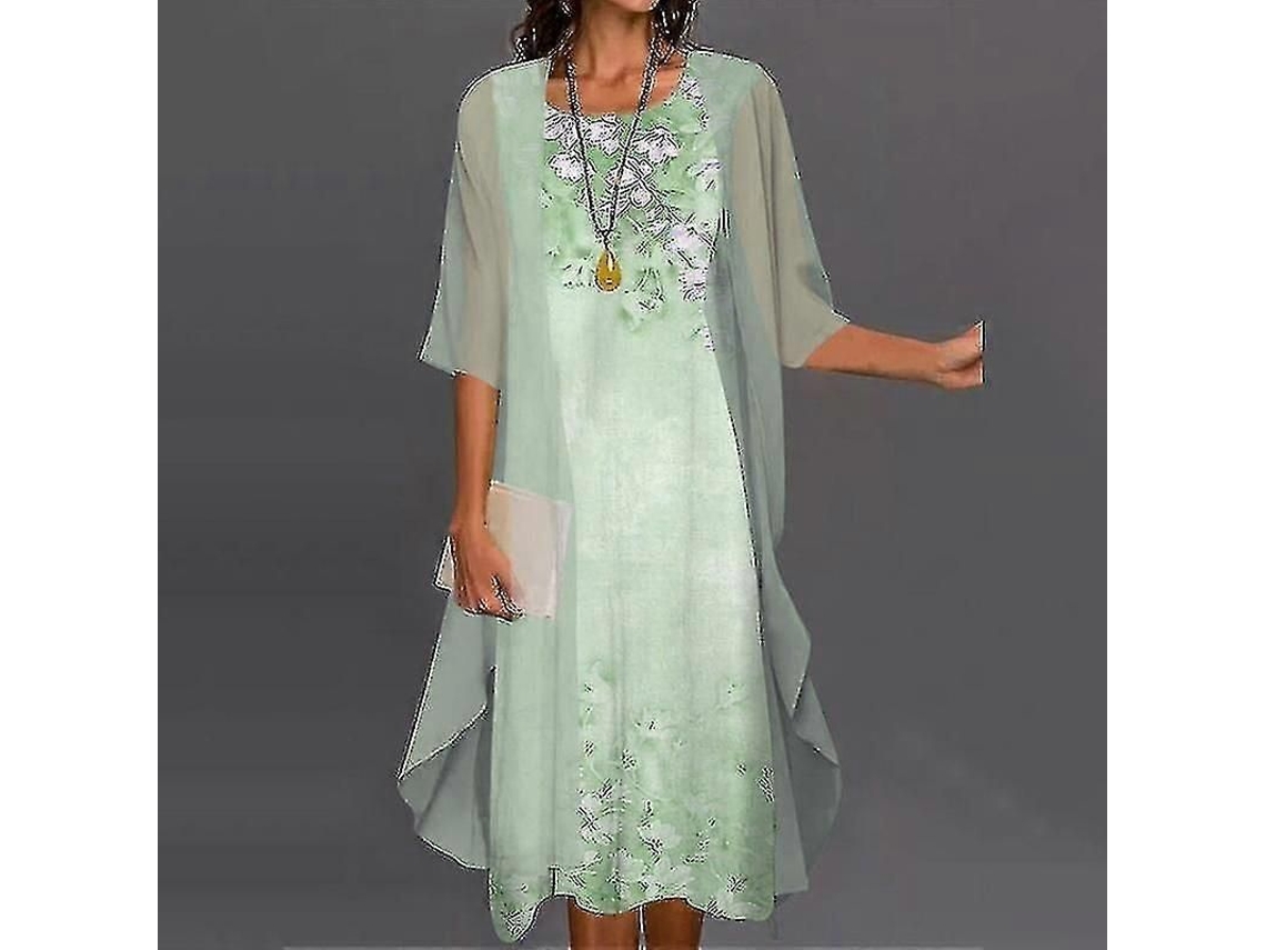 2026-vestido Boho Femenino Con Cardigan Estampado Floral Casual De Dos Piezas M Verde Claro
