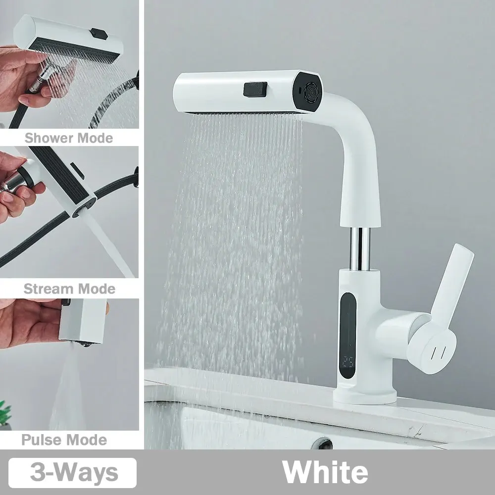 Grifo De Lavabo (blanco) Con Pantalla Digital De Temperatura Y Mezclador De Agua Fría Y Caliente.