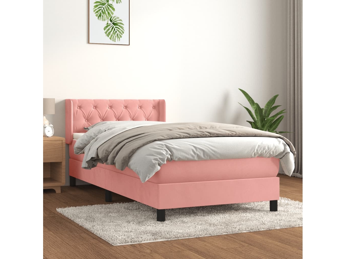 Cama Box Spring Con Colchón Terciopelo Rosa 80x200 Cm