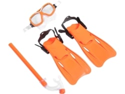 Conjunto de snorkel naranja de 3 piezas para niños y niñas: aletas (tallas 35-39), máscara, tubo de snorkel y funda protectora.