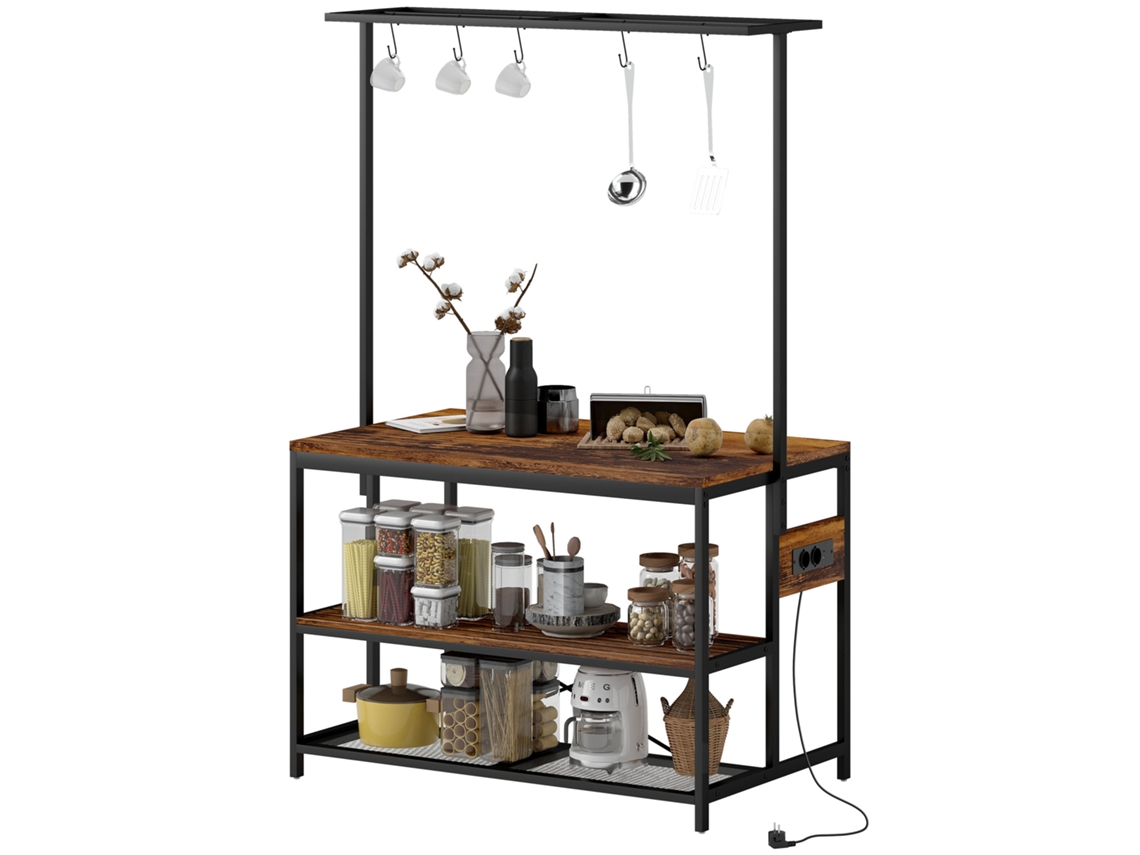 Estante de Cozinha com Tomada de Corrente Estilo Industrial com Prateleiras Ganchos Móvel Auxiliar 116x70x182 Cm Marrom Rústico ZENCORE SERVICES