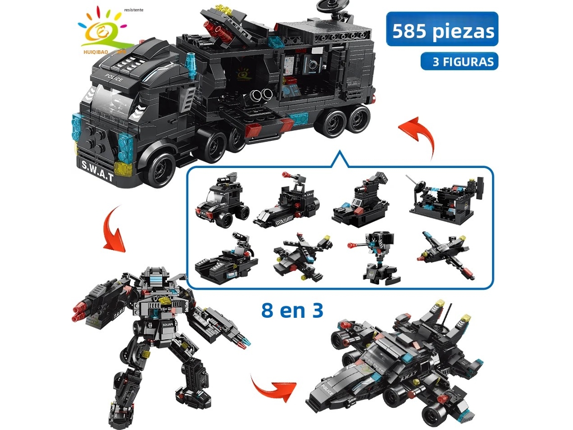 Set de bloques de construcción 8 en 1 para vehículo de mando SWAT (585 piezas)
