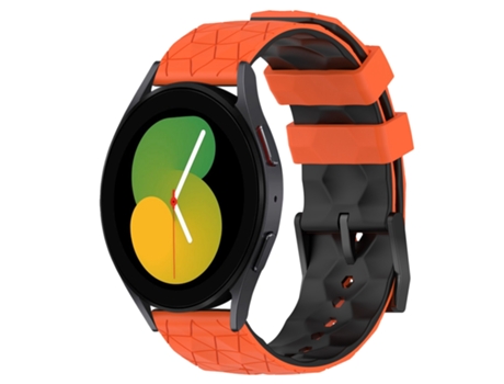 Correa de reloj inteligente para Samsung Galaxy Watch 5, 40 mm, 20 mm, patrón de fútbol, correa de reloj de silicona bicolor (naranja + negro)