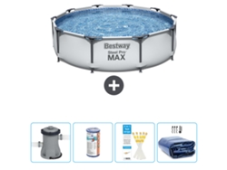 Piscina BESTWAY Round Steel Pro MAX - 305 x 76 cm - Gris - Bomba incluida Filtrar - Tiras de prueba - Vela solar
