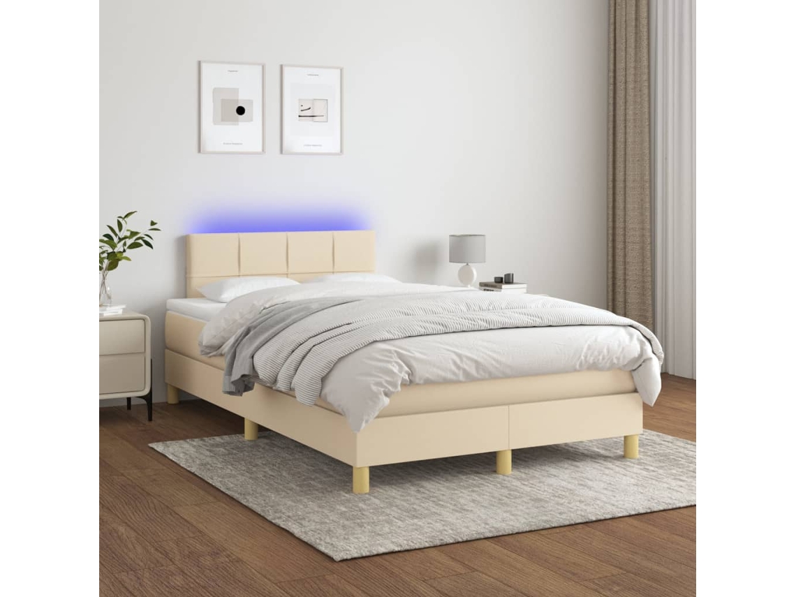 Cama Box Spring Con Colchón Y Led Tela Crema 120x200 Cm