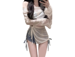 Traje De Baño De Dos Piezas Para Mujer Con Mangas Largas Y Espalda Abierta Con Cordón Ajustable.