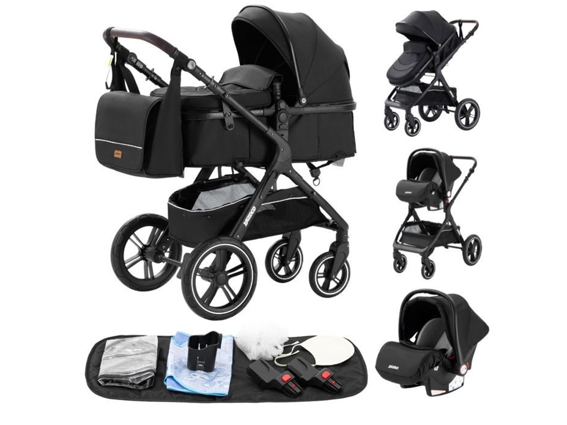 Cochecito combinado 3 en 1 con capazo y silla de auto (hasta 15 kg), color negro Yazoco