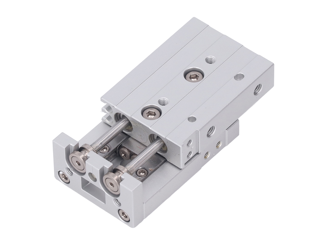 Cilindro pneumático de dupla ação e haste dupla, fabricado em alumínio e aço inoxidável, com curso de 20 mm e rosca M5x0,8.