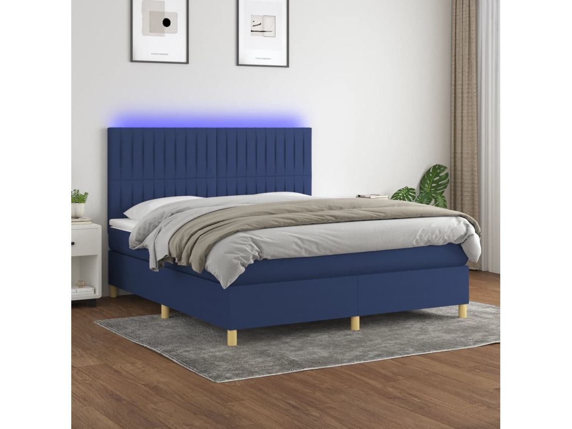 Cama Box Spring Colchón Y Luces Led Tela Azul 180x200 Cm