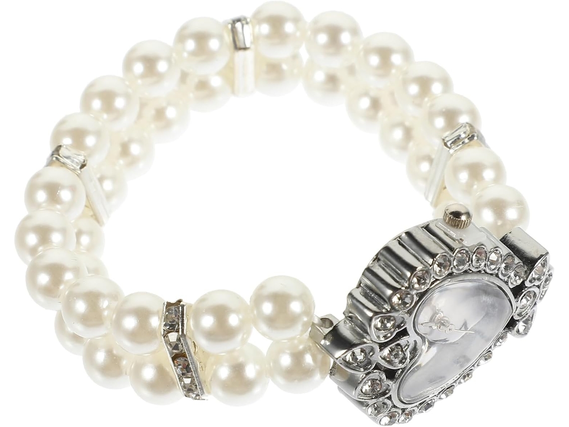 Elegante Reloj Cuarzo Mujer Brazalete Doble Perlas Imitación Aleación Plástico Diseño Sencillo Práctico Citas