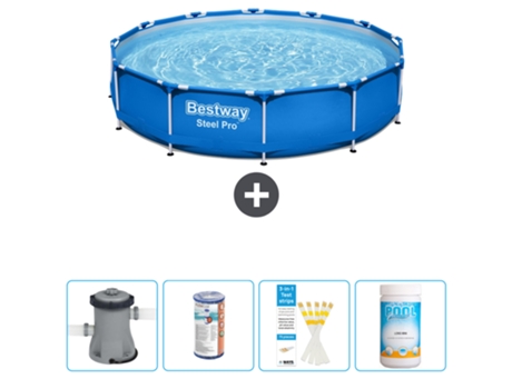 Piscina BESTWAY Round Steel Pro - 366 x 76 cm - Azul - Bomba incluida Filtrar - Tiras de prueba - Cloro