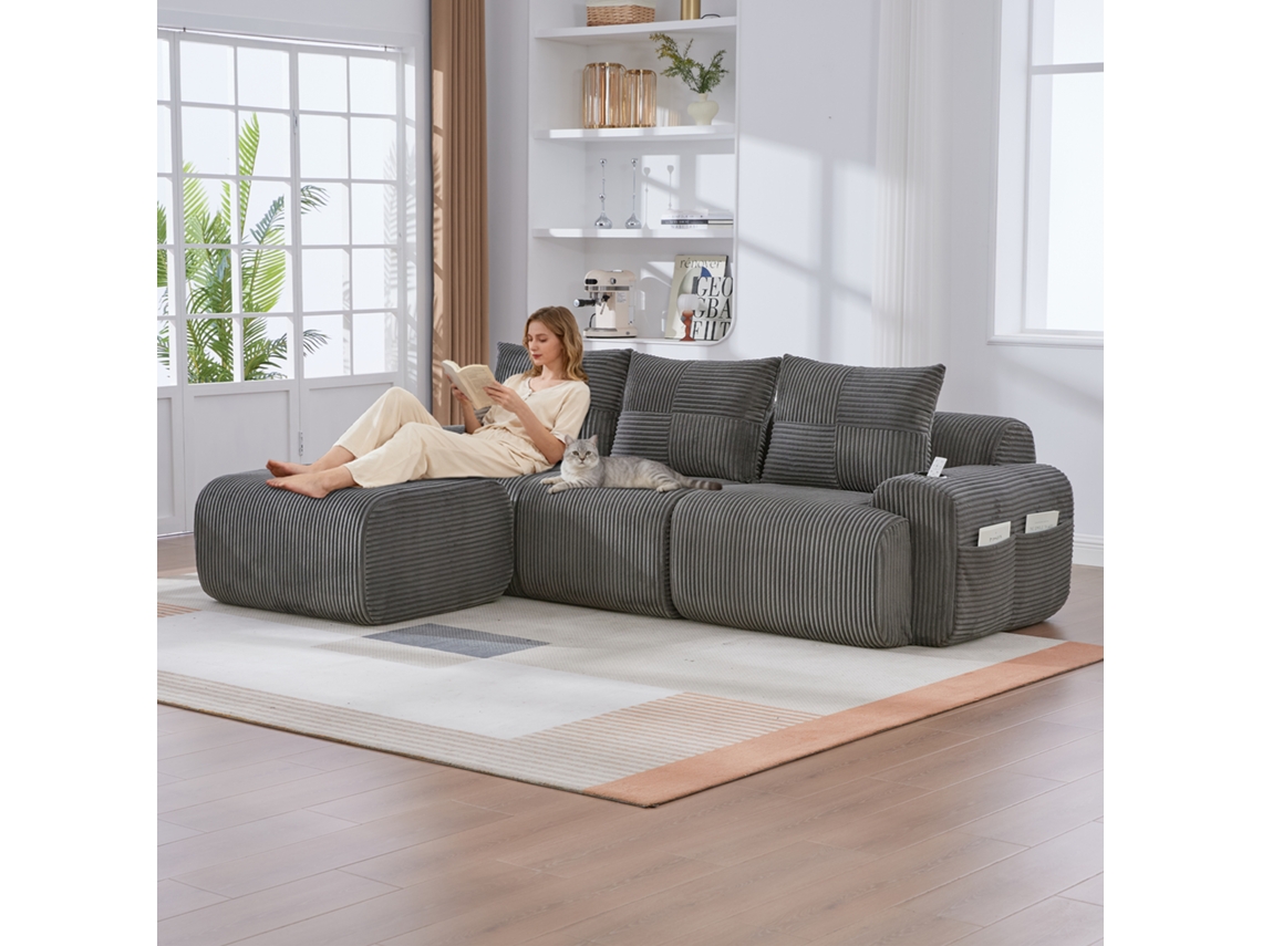 Sofá Modular De Pana 3 Plazas Con Otomanas Y Portavasos, Color Gris Oscuro