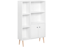 Librería de estilo escandinavo con 5 estantes y 2 puertas, madera blanca, diseño moderno.