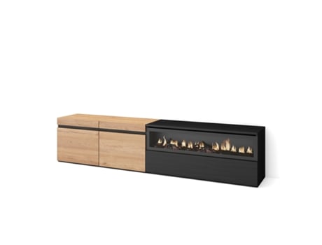 Mueble TV Televisión 200x45x35cm Para TV hasta 80 Chimenea eléctrica Roble y negro