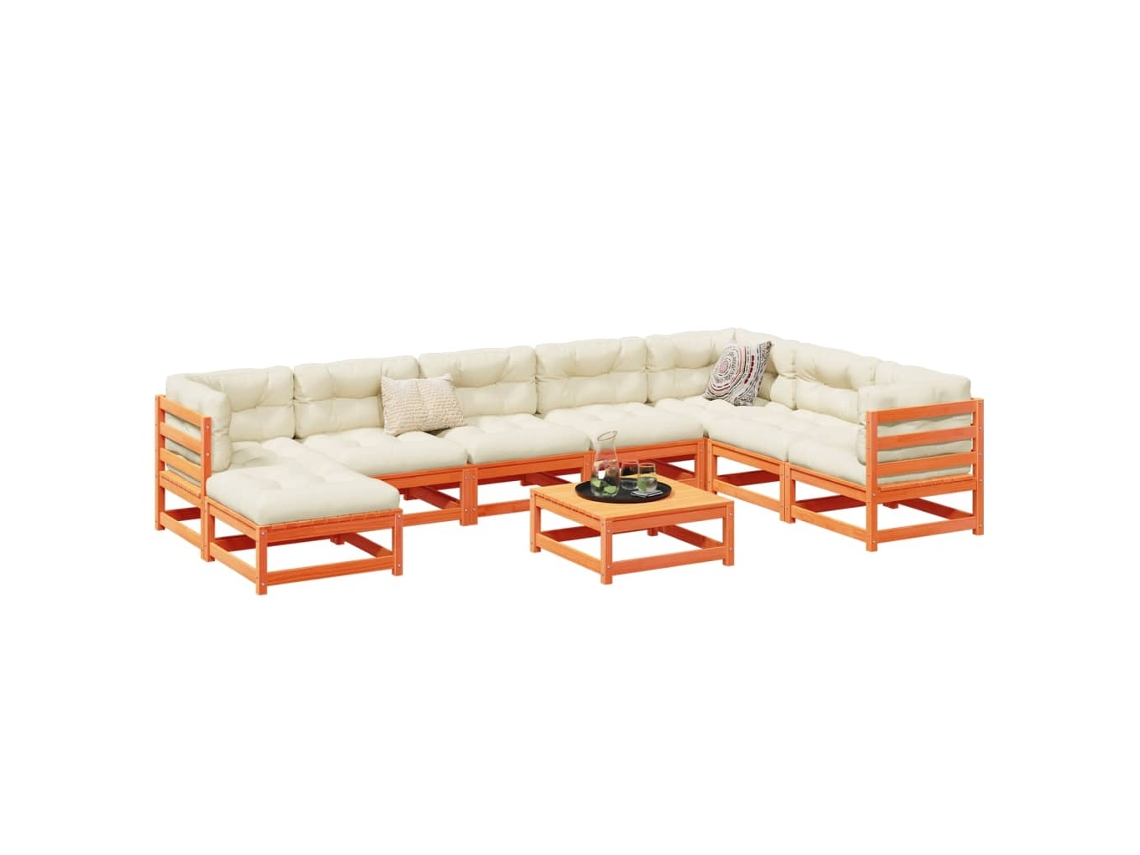 Conjunto de sofá de jardín de 9 piezas con cojines de pino macizo, marrón miel, DKD Home Decor