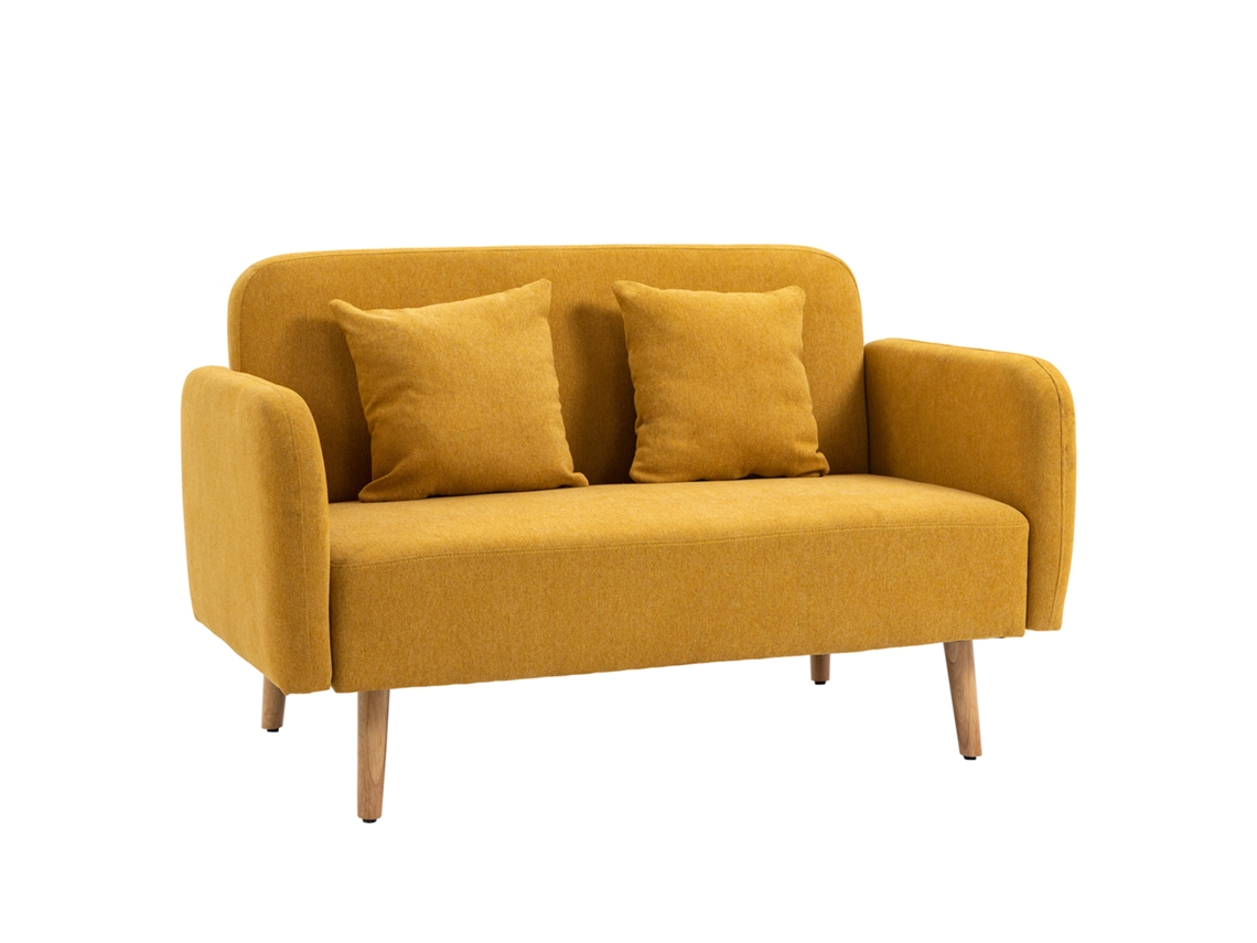 Sofá 2 Plazas Cojines Decorativos Terciopelo Compacto Moderno 130x70x80 Cm Amarillo