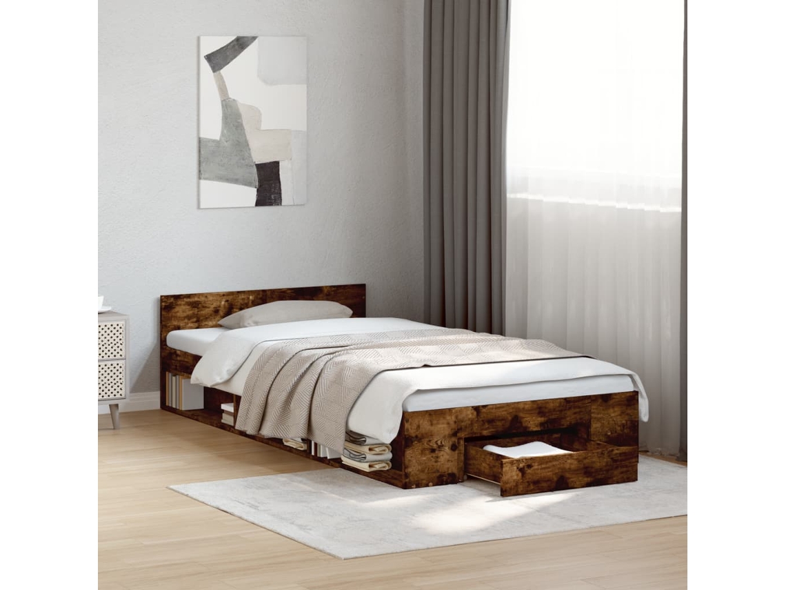 Cama Con Cajón Madera De Ingeniería Roble Ahumado 90x190 Cm