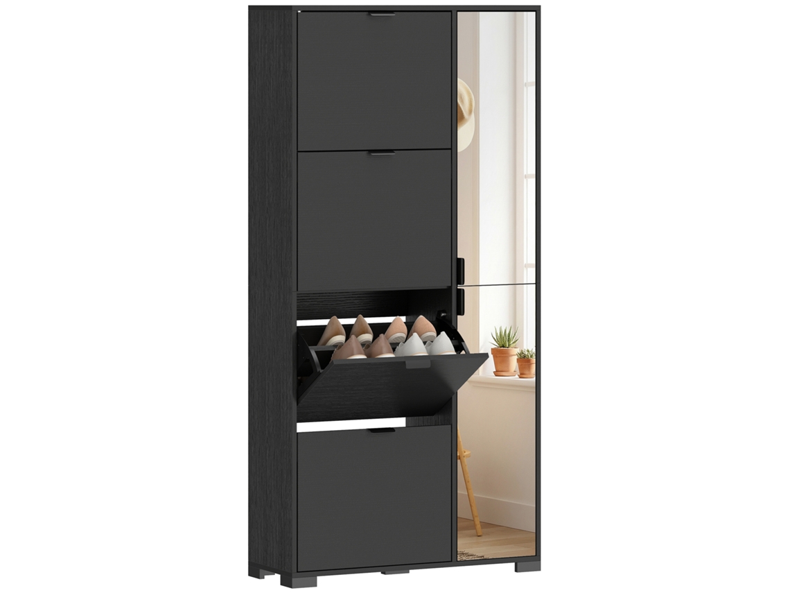 Zapatero Moderno Con Espejo, 4 Cajones Abatibles, Capacidad Para Hasta 16 Pares De Zapatos, Color Negro.