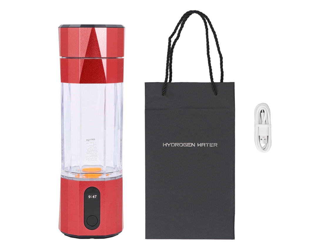 Botella de agua hidrogenada roja de 208 ml, recargable y práctica para viajes y ejercicio, luz dorada.
