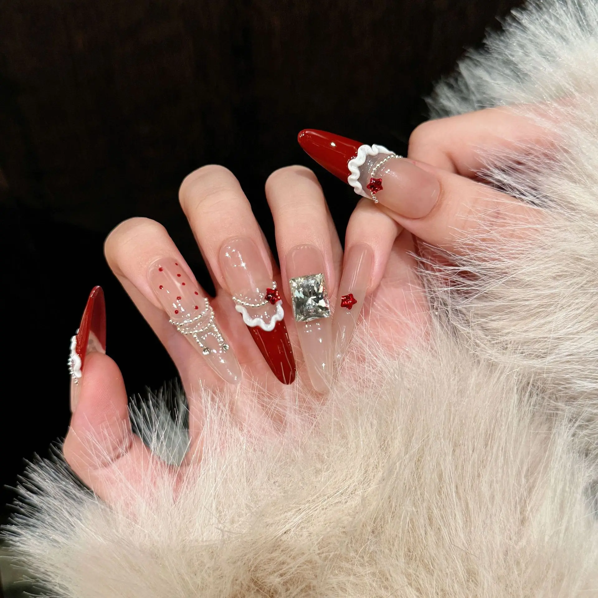 (2612 -xs) 10 Pegatinas Navideñas Hechas A Mano Para Uñas Postizas Ovaladas Extralargas