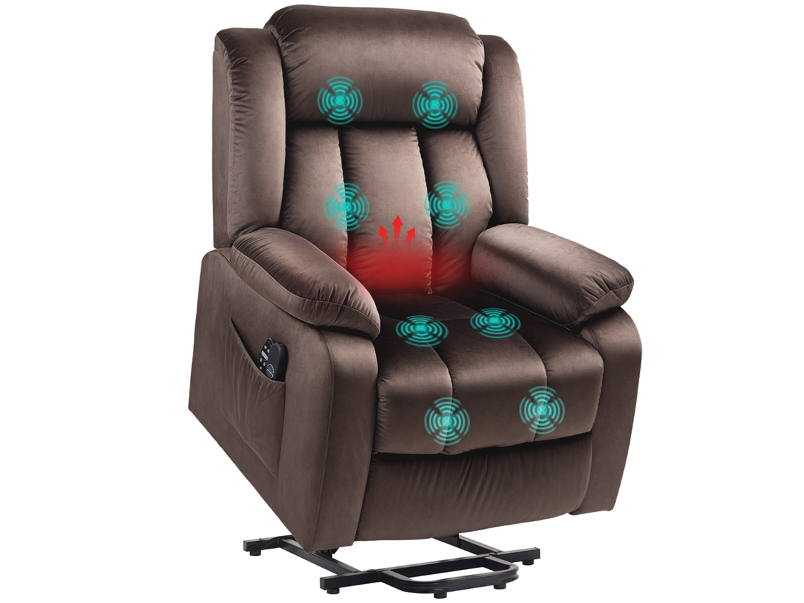 Sillón Elevador Con Función De Masaje Y Calefacción Lumbar, Sillón Reclinable Con Mandos A Distancia Y Bolsillos Laterales, Color Marrón.