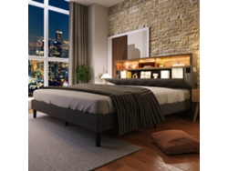 Cama De 140x200 Con Espacio De Almacenamiento, Cabecero Con Iluminación Led, Madera Gris, Colchón No Incluido.