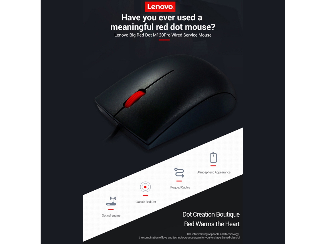 Mouse Com Fio Lenovo M120pro 1600dpi Plug And Play Design Ergonômico Cabo 1,5m Para Laptop Pc