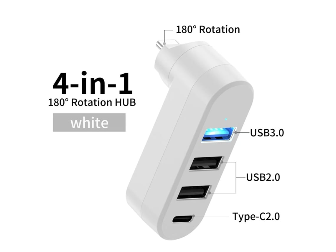 Hub Usb C 4 Portas Rotativo – Splitter Pd 5w Para Macbook, Imac, Surface E Portáteis Usb C Branco Hexinyigjly