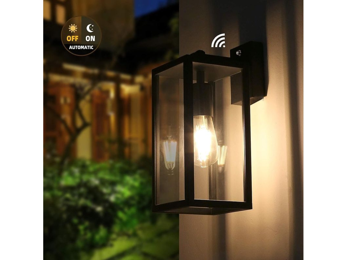 Aplique De Pared Exterior Con Sensor De Luz Ambiental, Anti-morado, Cristal Transparente, Negro Mate.