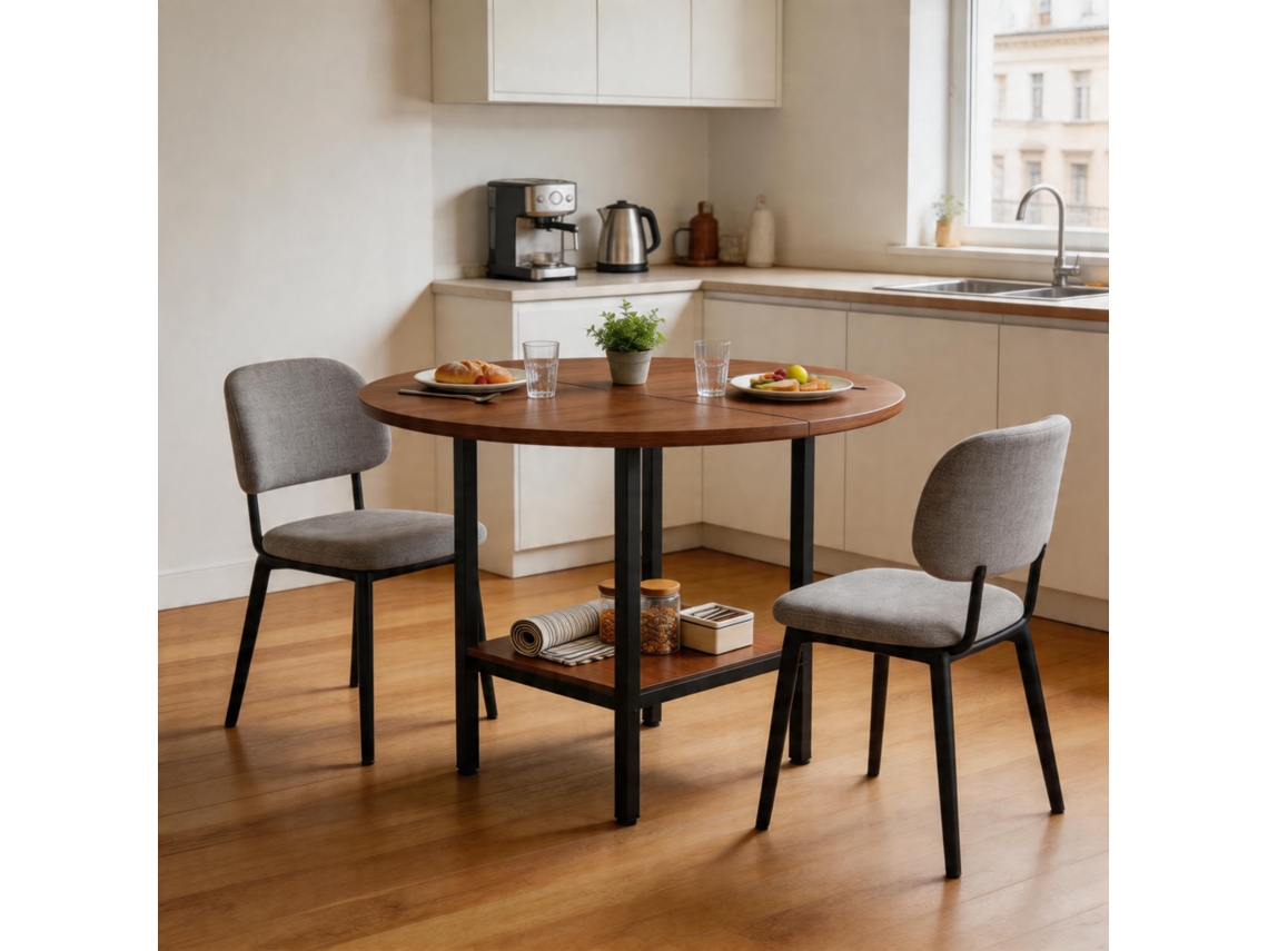 Mesa De Comedor Redonda 100 Cm Diámetro - Con Estante De Almacenamiento, Acabado Madera Nogal, Estructura Metálica, Para 4-6 Personas - Nogal