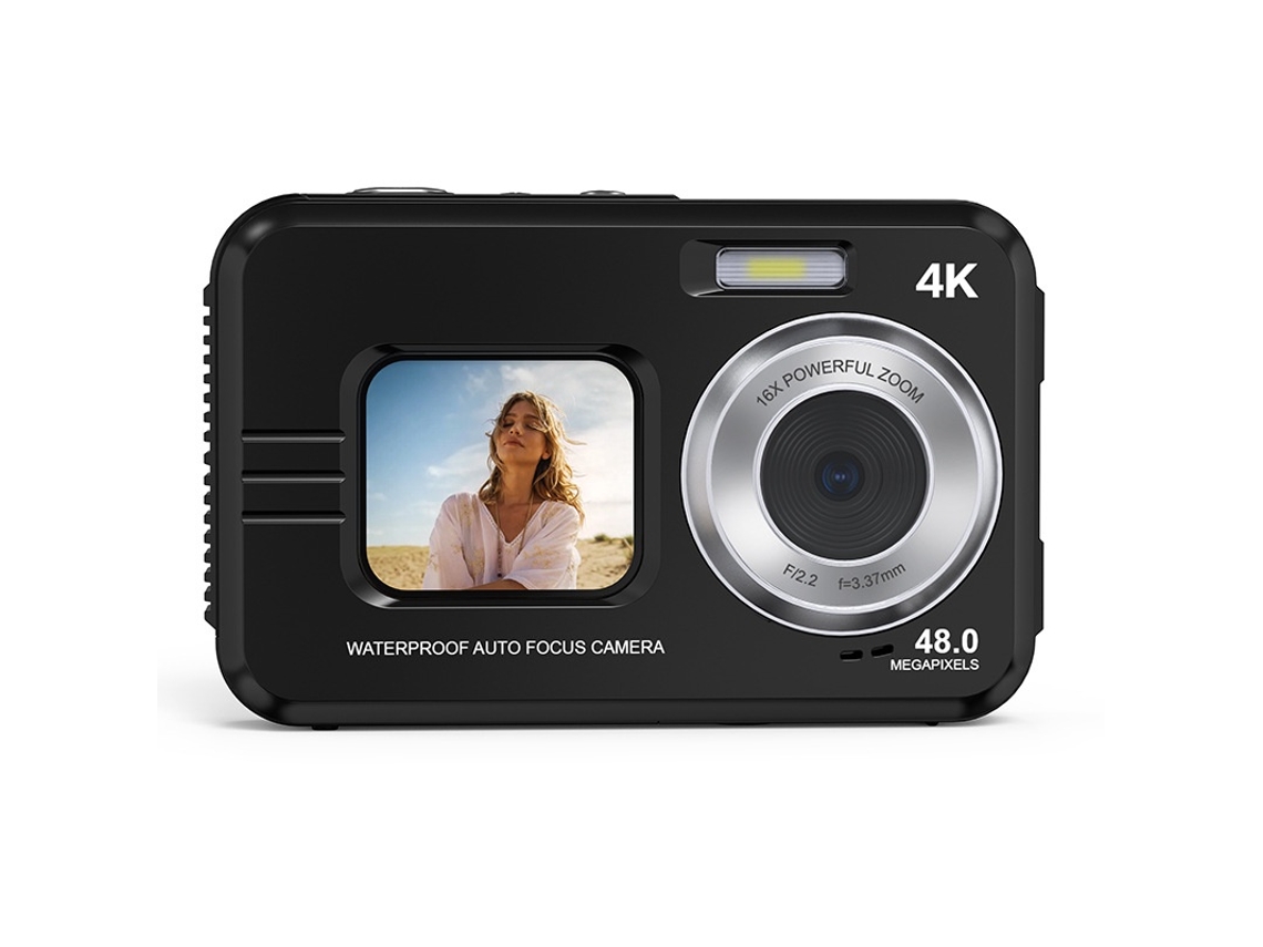 Cámara selfie digital Ikikso 4K de doble pantalla, 48 MP, 3,35 m, enfoque automático, resistente al agua, para esnórquel, zoom 16x (negra)