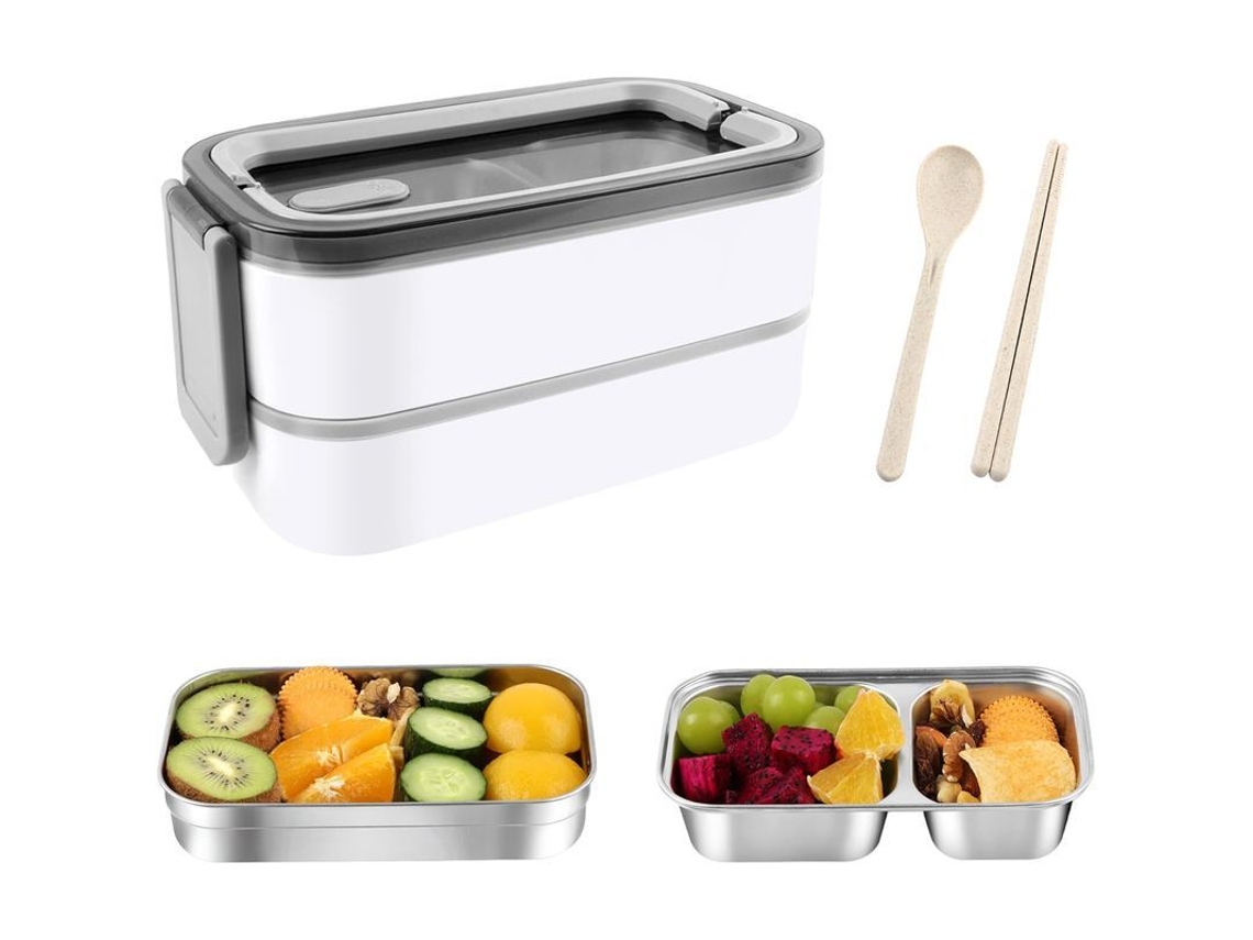 Fiambrera Bento De 2 Niveles, A Prueba De Fugas, De Acero Inoxidable 304, Con Cubiertos Blancos.