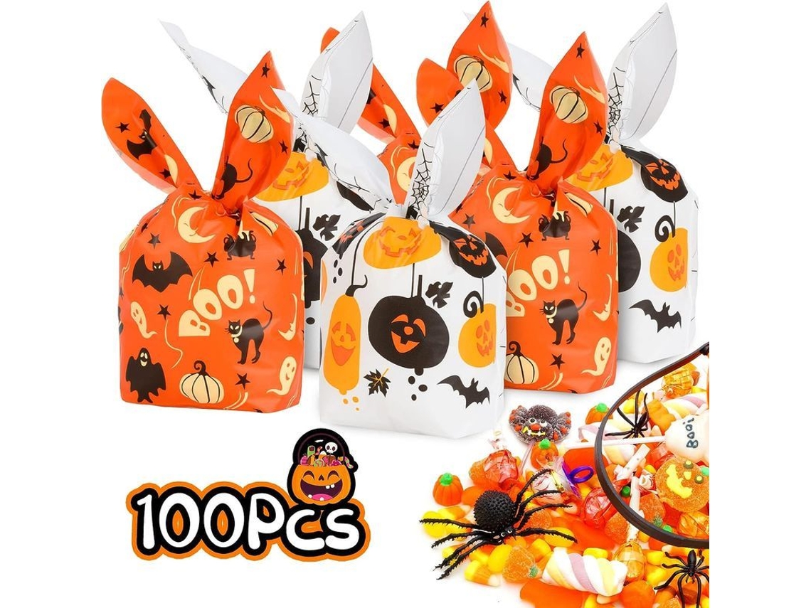 100 Bolsas De Dulces De Halloween De 14x23 Cm Con 6 Diseños Divertidos Para Fiestas Y Regalos.