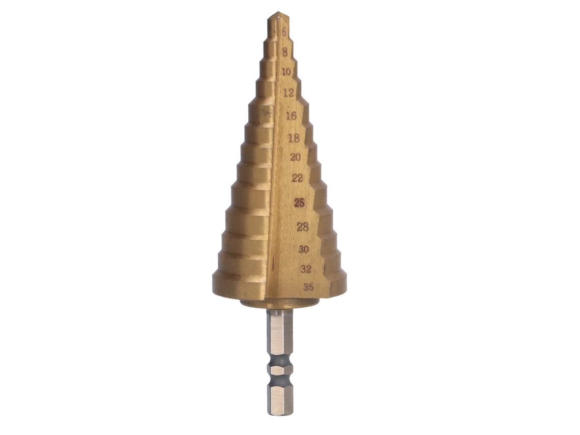 Broca Escalonada Hss Con Recubrimiento De Titanio, Cono Pagoda De 118°, Vástago Hexagonal De 6-35 Mm (1/4 Pulg.)