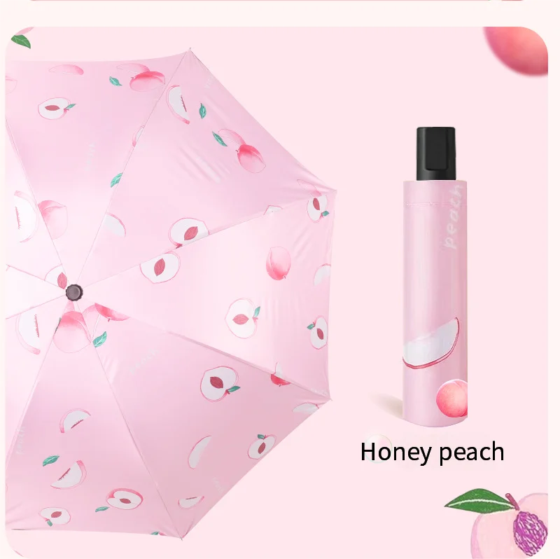 (melocotón 8k) Paraguas Artesanal Con Estampado De Frutas, Plegable, Negro, De Doble Uso, Para Protección Solar Y Contra La Lluvia.