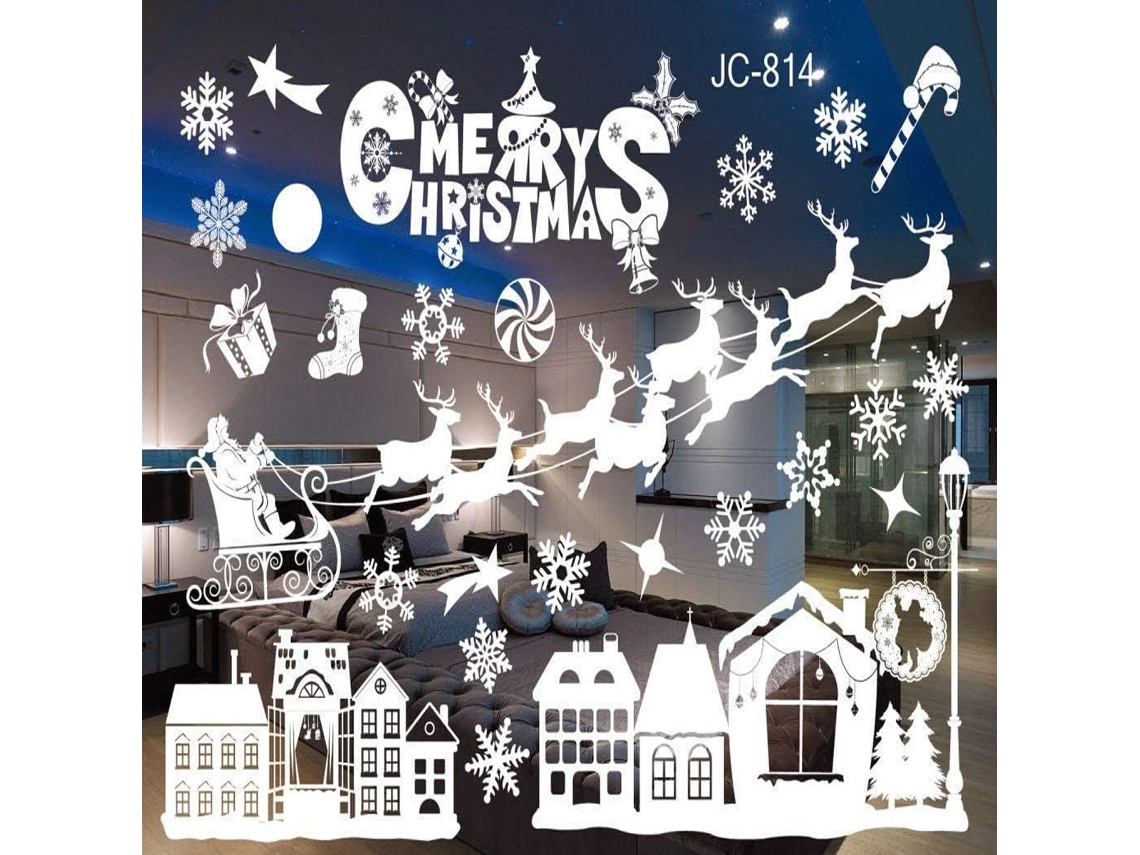 Pegatinas navideñas para ventana, pegatinas estáticas de PVC con copos de nieve y renos para decoración RNEMITERY