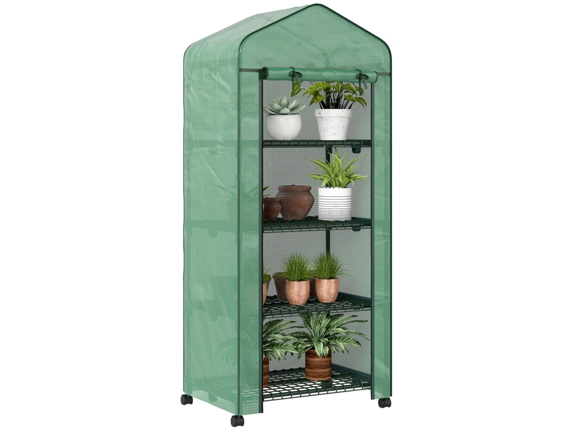 Invernadero Con 4 Estantes, Ruedas, 69x50x165cm, Puerta Enrollable, Verde.