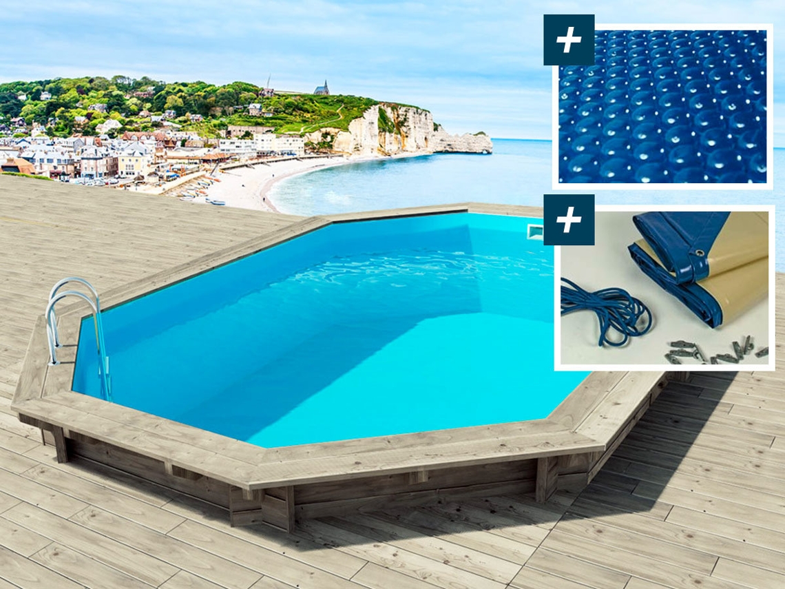 Piscina de madera Brasilia 144 5,86 x 3,86 x 1,44 m Cubierta de burbujas 180 m Cubierta de invierno 280 g/m² Habitat Et Jardin