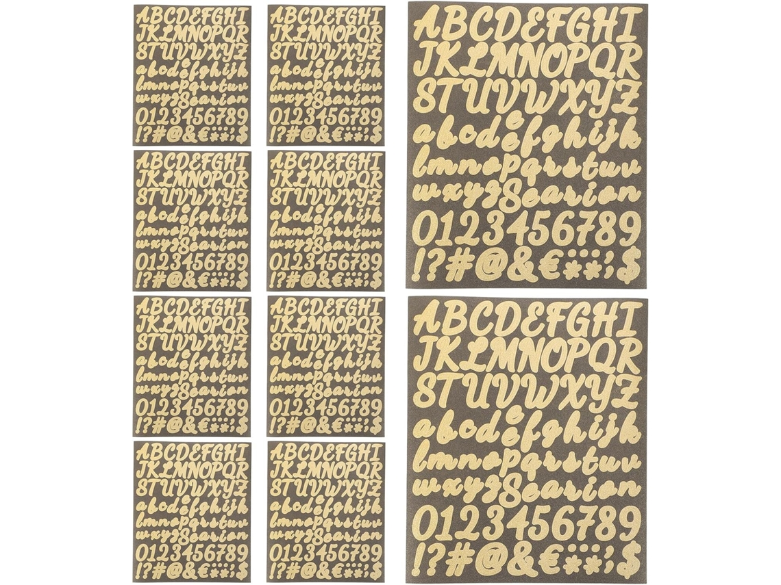 10 folhas de adesivos autocolantes, à prova d'água e com glitter dourado em formato de letras e números.