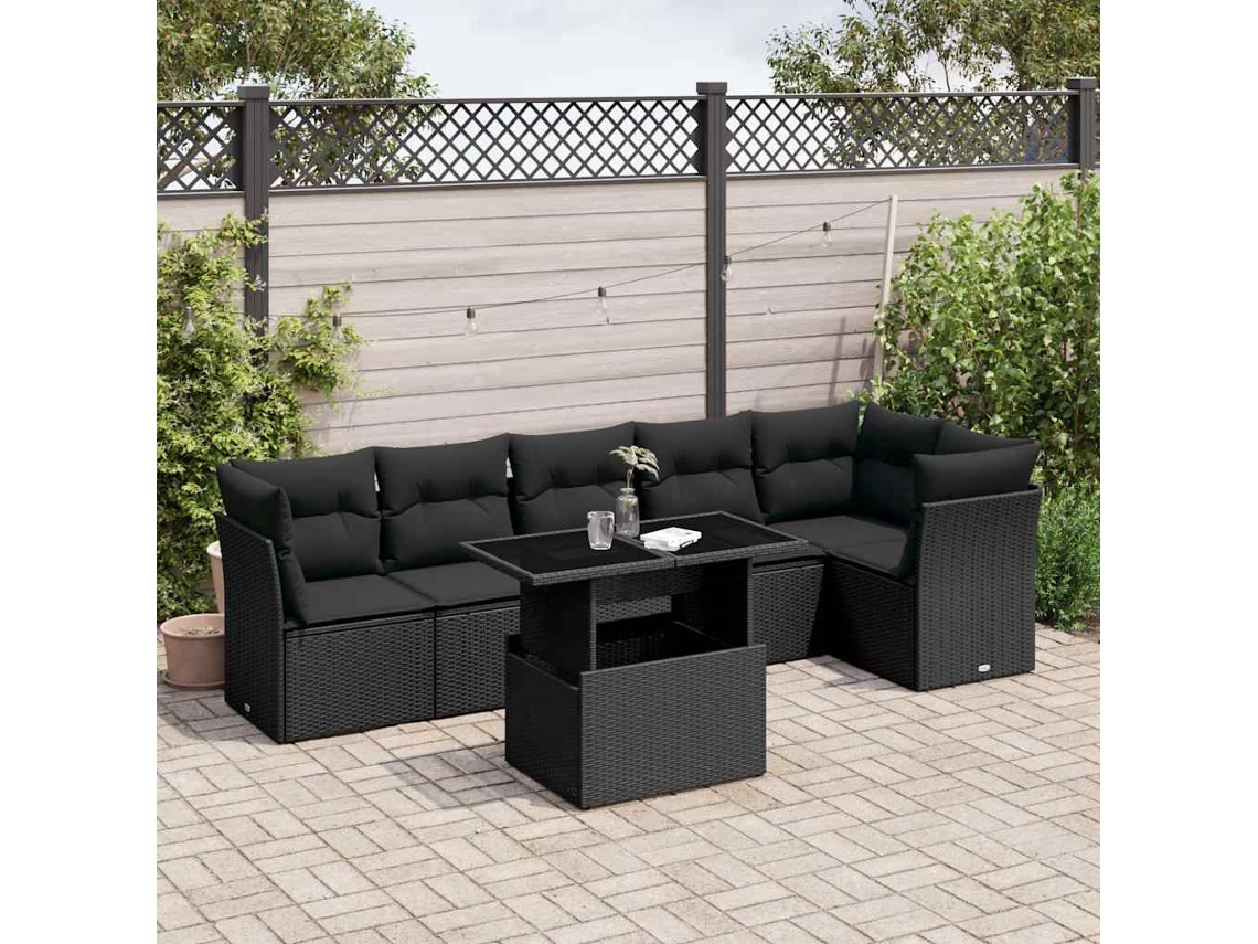 Conjunto de sofá de jardín de 7 piezas con cojines de mimbre negro de DKD Home Decor