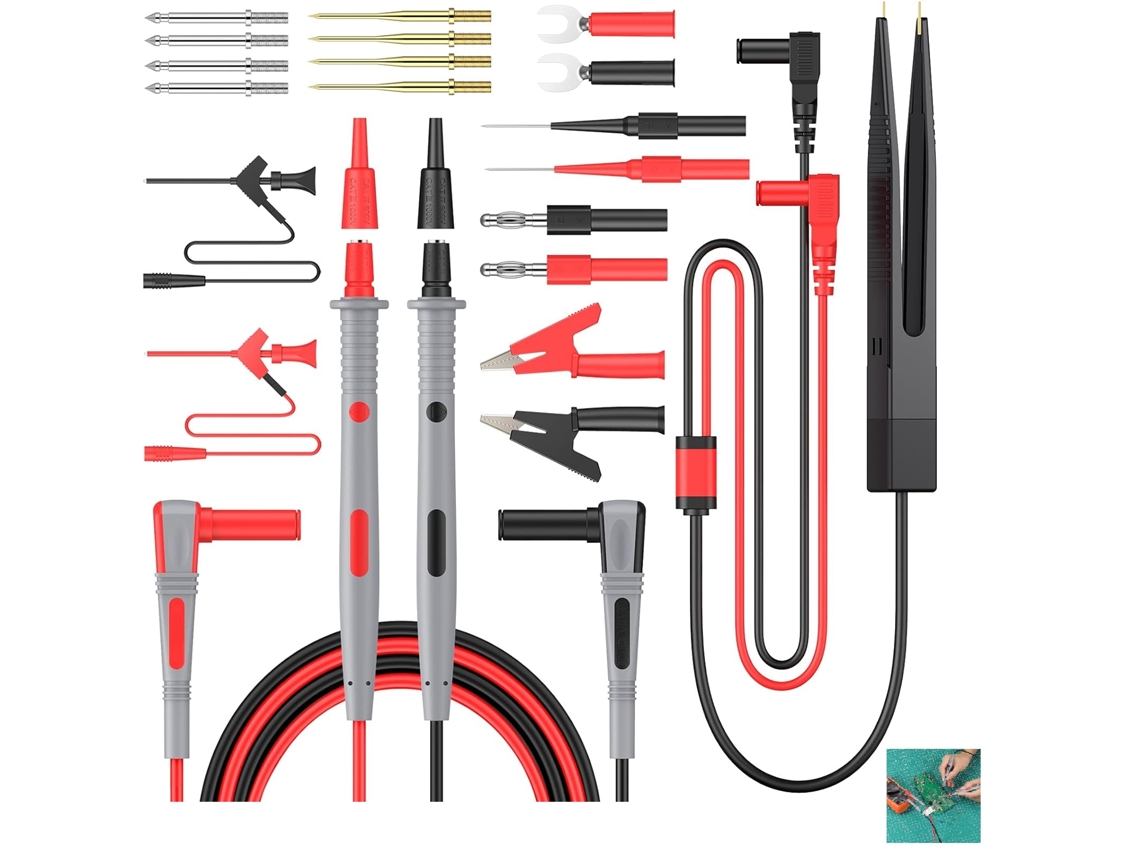 Kit de cables de prueba para multímetro 21 en 1 con cables de prueba eléctricos, pinzas de cocodrilo, punta de contacto de resorte y conector banana para voltímetro.