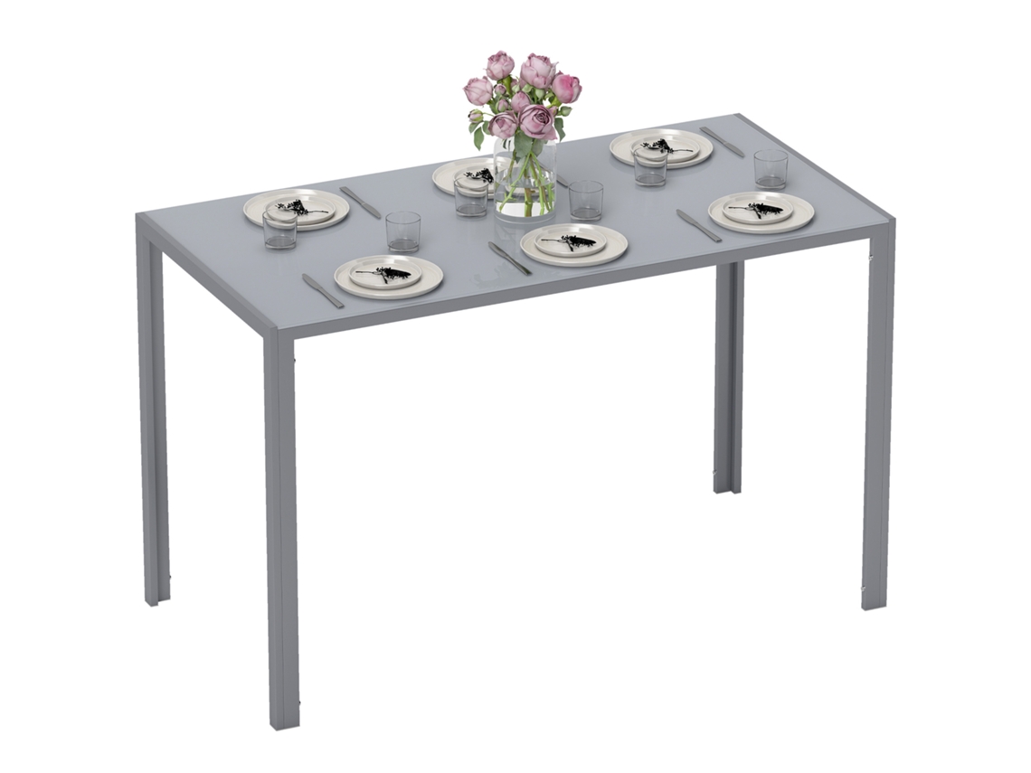 Mesa De Cocina Con Tablero De Cristal, Para 4-6 Personas, Patas De Metal, 120x60x75cm, Gris.