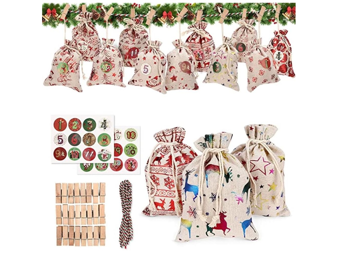 Bolsas de arpillera reutilizables, multiusos, funcionales, ecológicas, de lona, con cordón, temática navideña, transpirables y con bonitos estampados. Ideales.