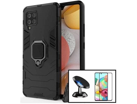Kit Funda, Protector de Cristal Templado y Soporte Samsung Galaxy A42 5G Full Cover Negro