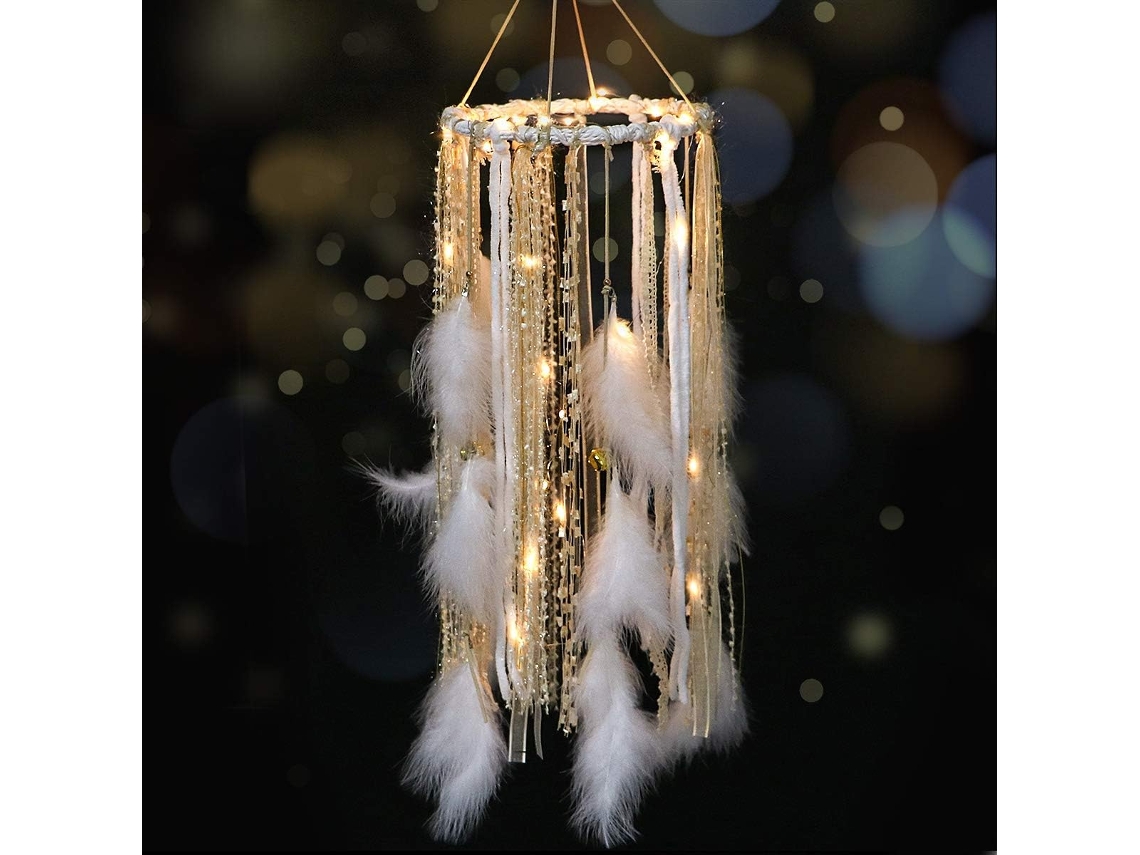 Móvil de ensueño con grandes plumas blancas y luces LED con 2 pilas AA, decoración para habitación de bebé, boda, fiesta, regalo (dorado)