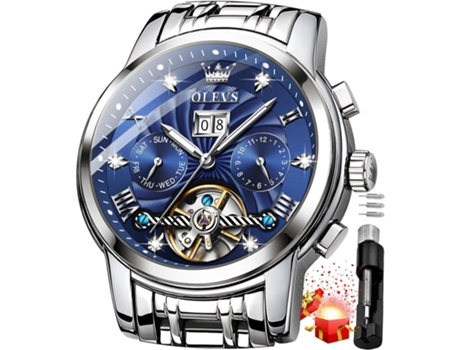 VEANXIN Reloj automático de acero inoxidable Tourbillon hueco mecánico con diamantes dorados para hombre(azul)