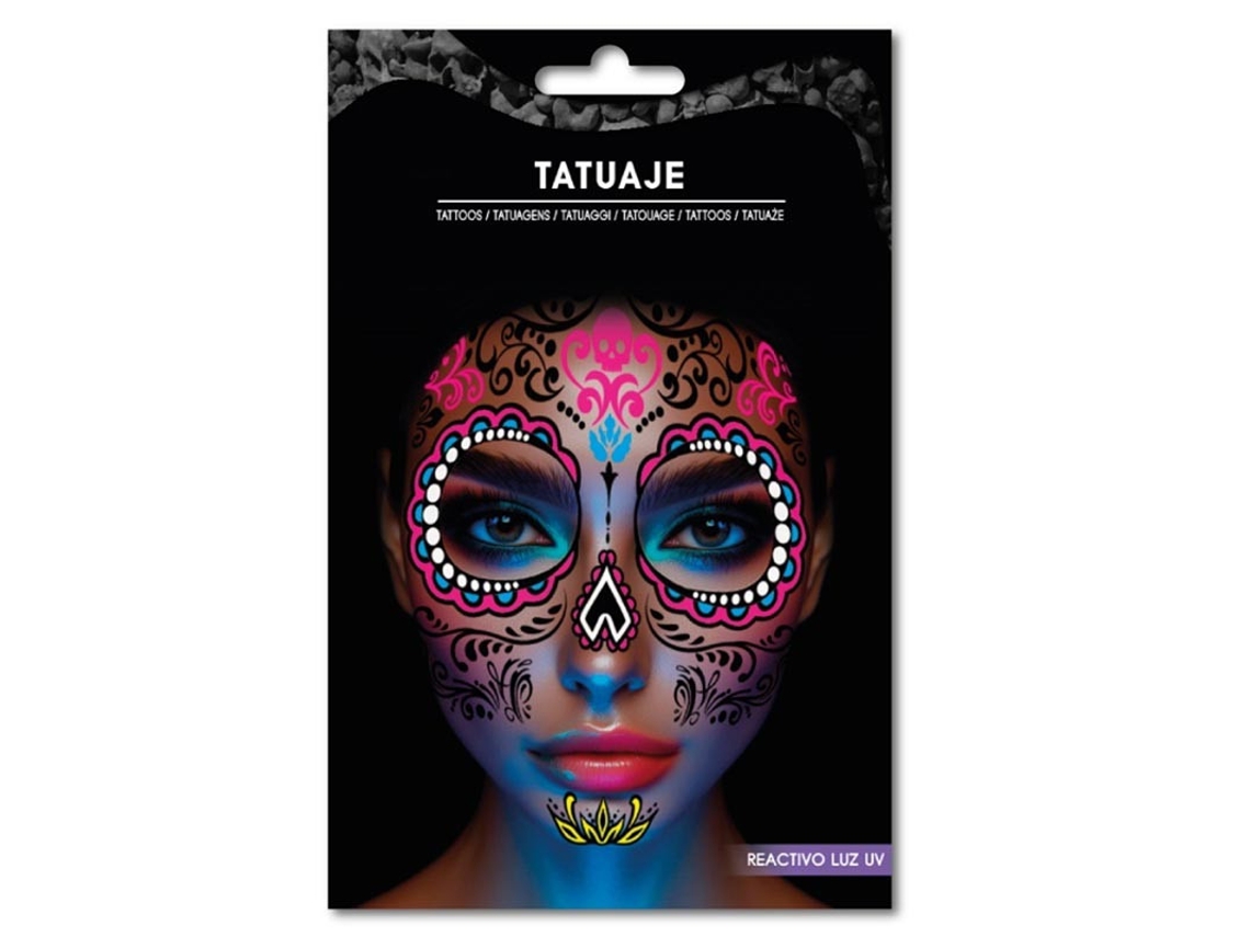 Tatuaje Catrina rosa y azul fluorescente