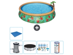 Piscina Hinchable Redonda Fast Set BESTWAY - Estampado Paraíso - 457 x 84 cm - Bomba Incluida Cubrir - Paquete de mantenimiento - Filtrar - Suelo