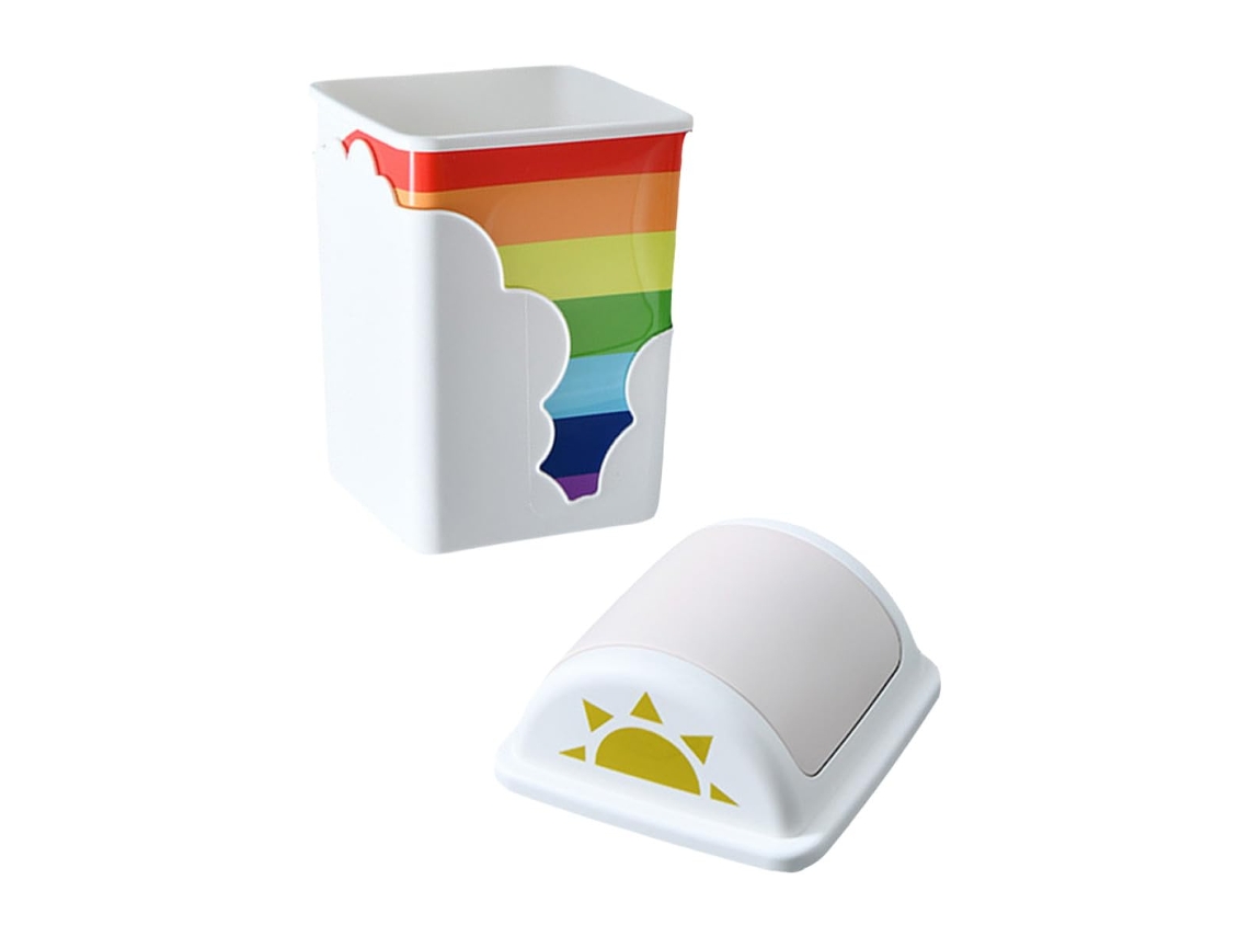 Papelera De Plástico Para Dormitorio Con Tapa Con Estampado De Arcoíris, 6 Litros De Capacidad.
