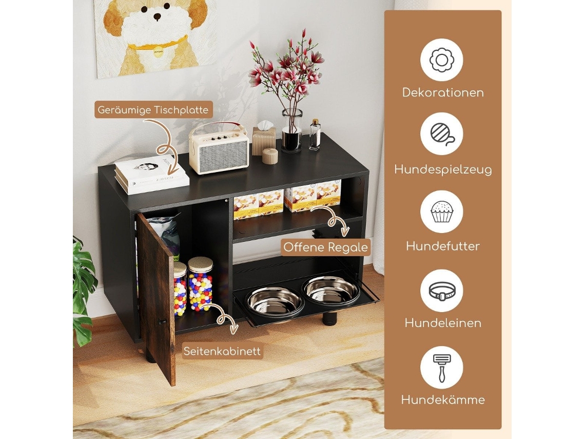 Armario para mascotas, 2 cuencos de acero inoxidable, altura ajustable, marrón | B2X | B2X